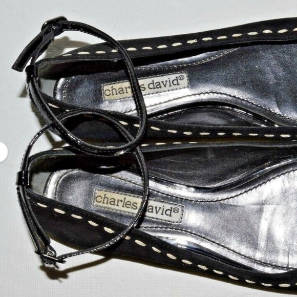 CHARLES DAVID  6 M BLACK SUEDE PEEP TOE ANKLE STRAP FLATS SHOES WALKING COMFORT - Picture 3 of 6